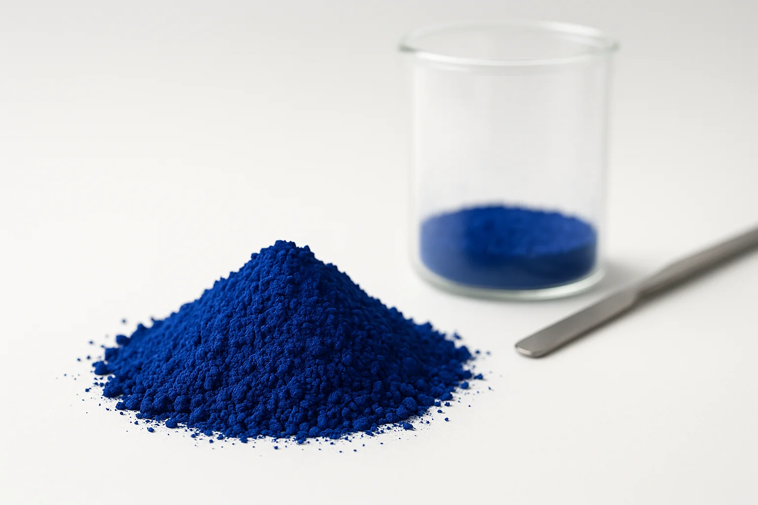 Red-shade blue pigment particles (alpha copper phthalocyanine) under stylized microscopy with dispersion and temperature icons