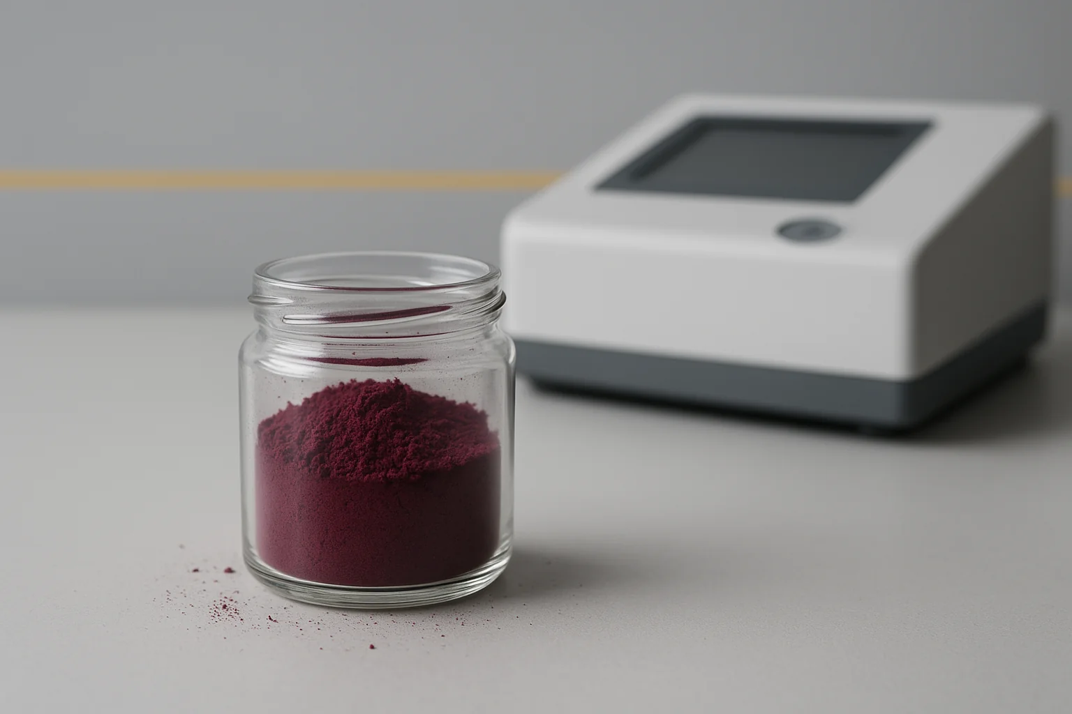 Pigment Violet 23 (PV23) sample jar in an industrial lab setting
