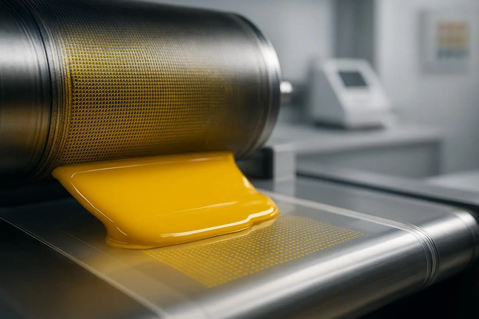 Macro of diarylide yellow ink transfer on a gravure cylinder with QC tools in lab background