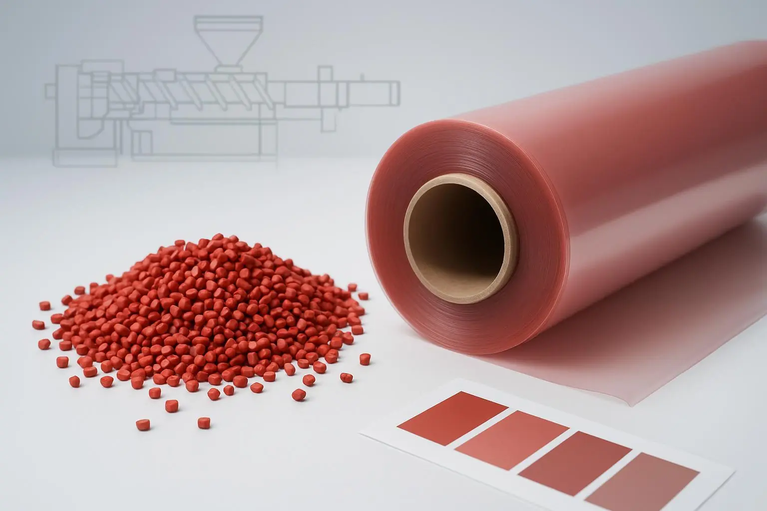 Red polymer pellets and tinted PE/PP film roll on a lab bench representing Pigment Red 53:1 for plastics