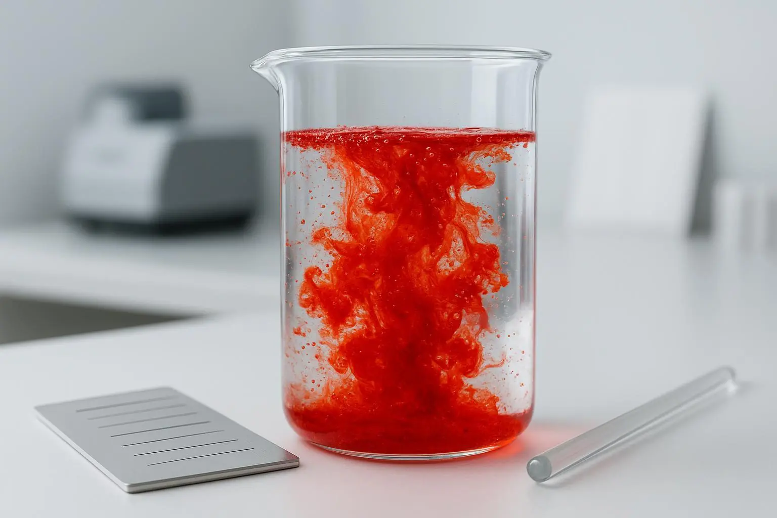 Macro photo of Pigment Red 112 dispersing into a water-based acrylic medium in a lab beaker