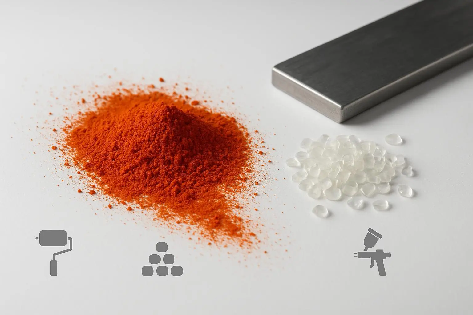 Macro of red-shade yellow pigment powder with resin chips and a drawdown bar, representing PY83 applications in inks, plastics, and coatings.