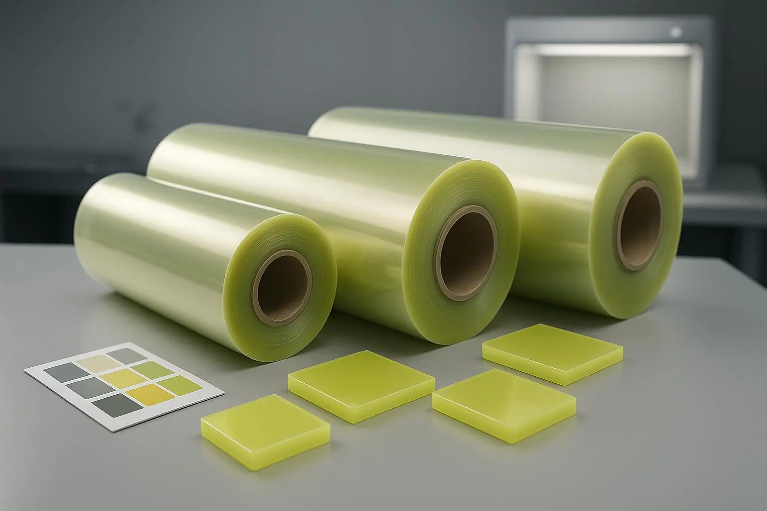 Cover image: PP/PE film rolls and PP plaques in a green-shade yellow representing Pigment Yellow 14 in a lab setting