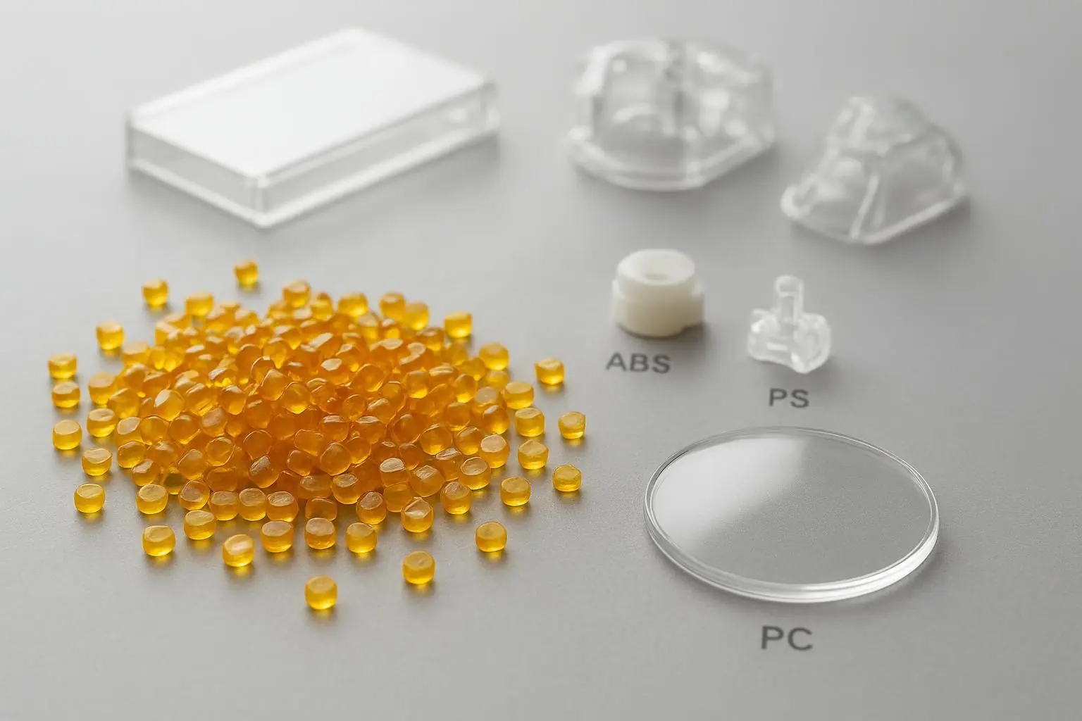 Transparent yellow-tinted polymer pellets with labeled PC, PMMA, ABS, and PS parts on a lab bench