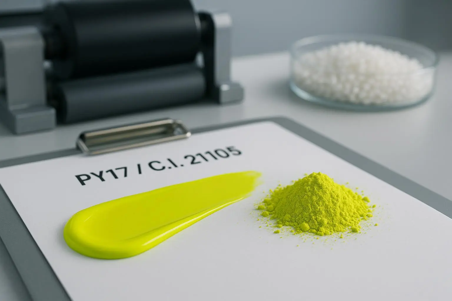 Cover image for Ultimate Guide to Pigment Yellow 17 (C.I. 21105) showing green-shade yellow pigment for inks and plastics