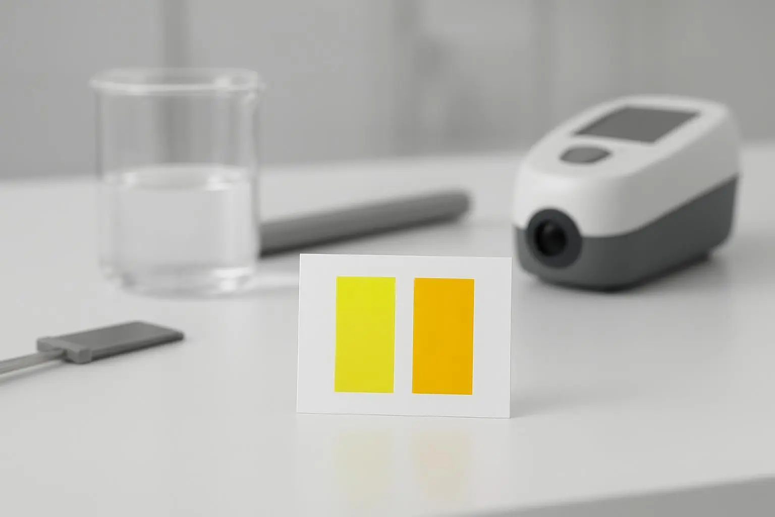 Lab drawdown card comparing transparent and opaque yellow stripes for Pigment Yellow 74 with applicator and colorimeter on a white bench